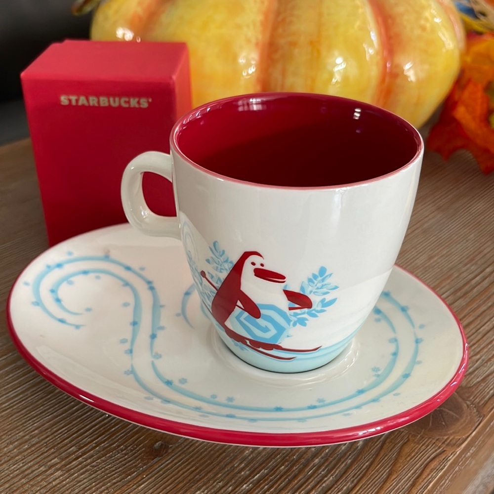 Starbucks Holiday Collectible w Penguin Skiing in Snow. Espresso Cup Saucer Set